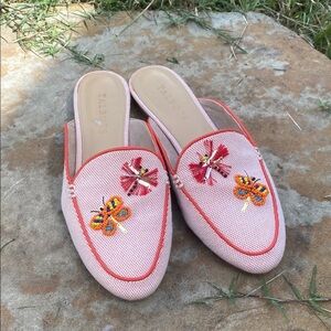 Talbots Ryan Mule Slip On 6.5 Flat Orange Novelty Dragonfly Beaded Embroidered